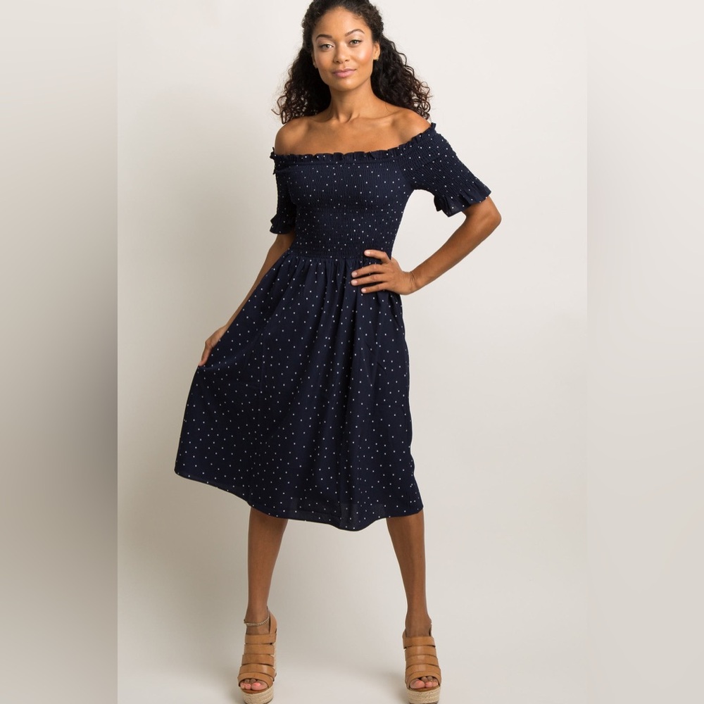 Pink Blush Navy Polka Dot Maternity Dress size S EUC